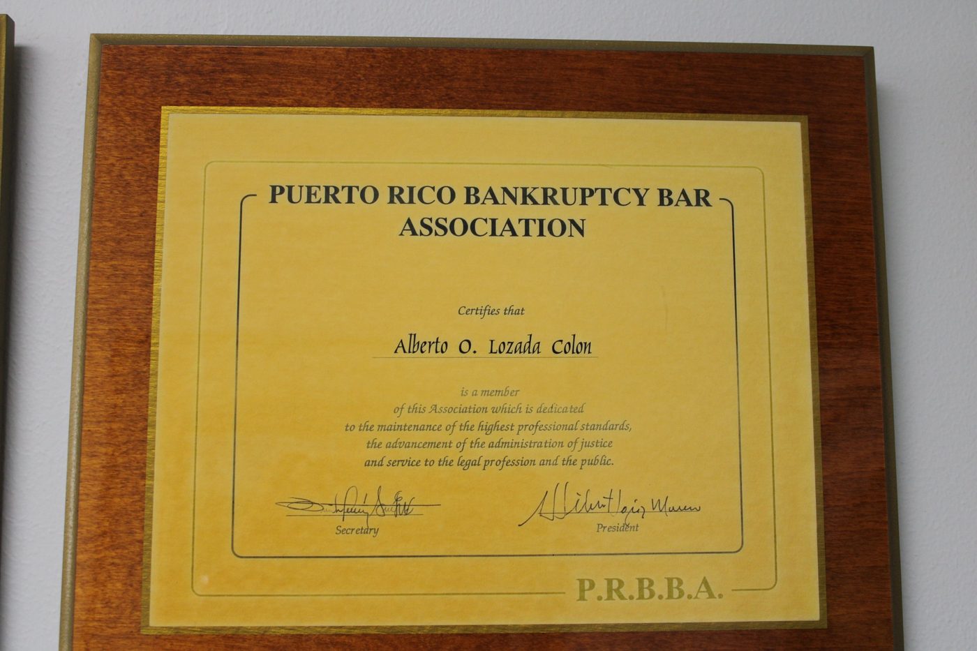 Certificado de membresía del Lcdo. Lozada Colón en la Puerto Rico Bankruptcy Bar Association